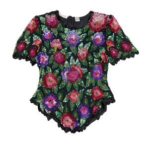 Laurence Kazar Silk Sequin Floral Top 90s Vintage Glam Beaded Black Size Large